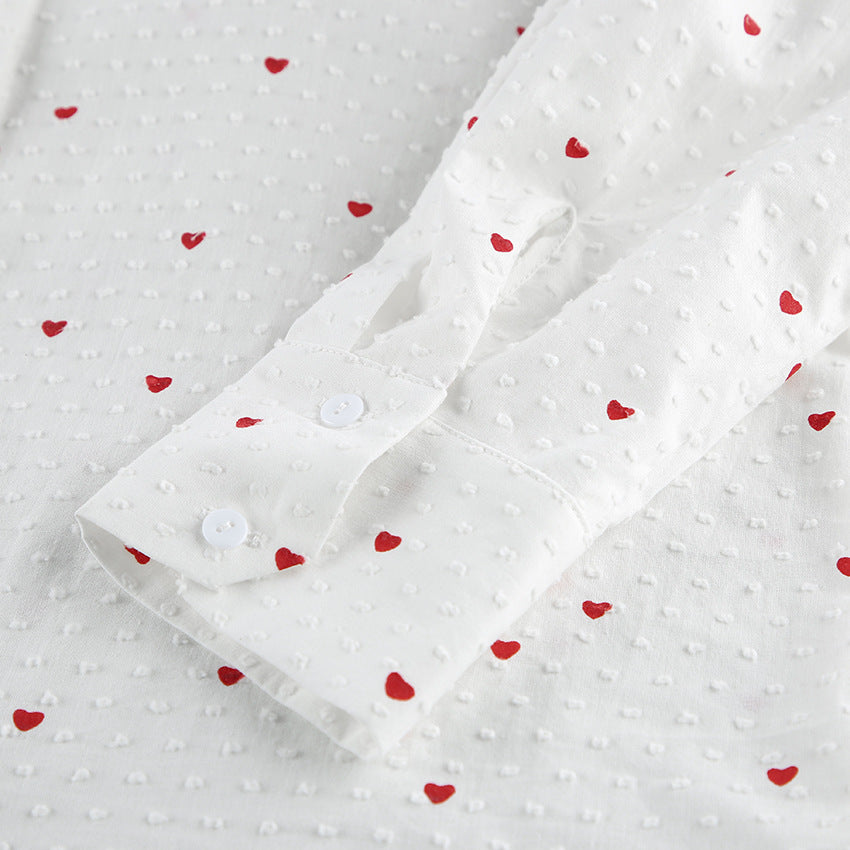 White Cotton Pajama Set with Red Hearts