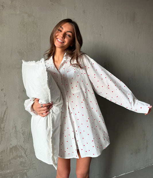 White Cotton Pajama Set with Red Hearts