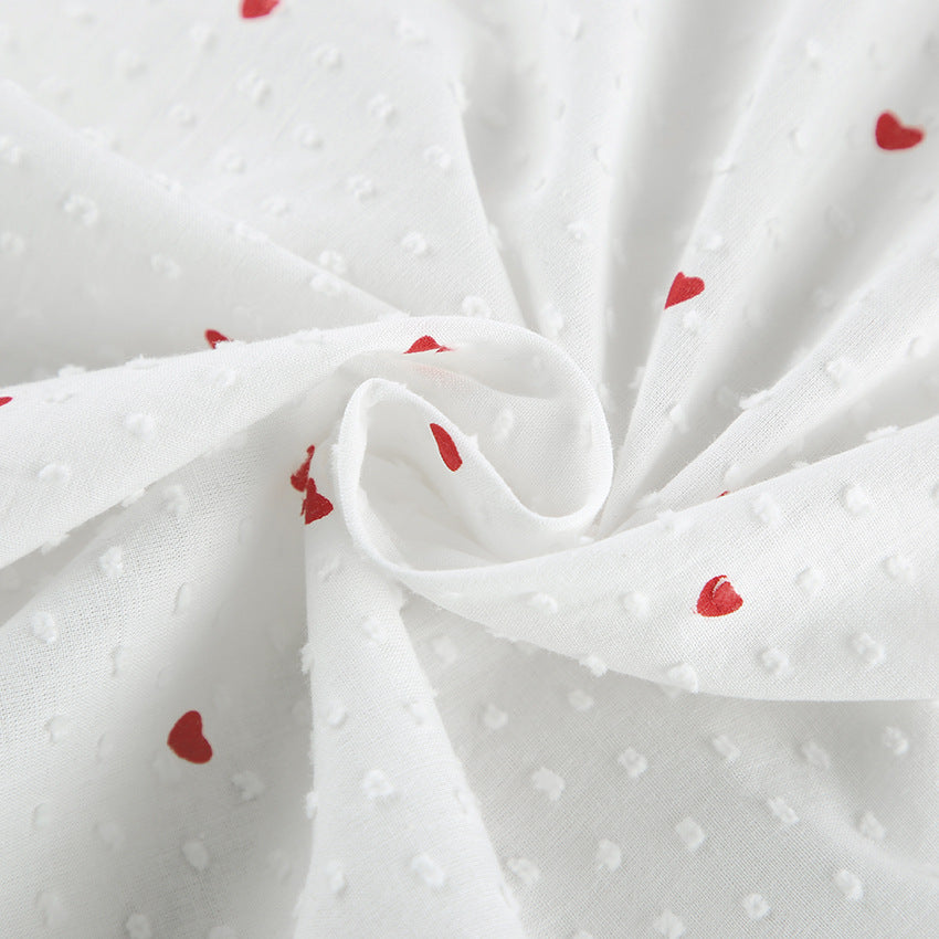 White Cotton Pajama Set with Red Hearts