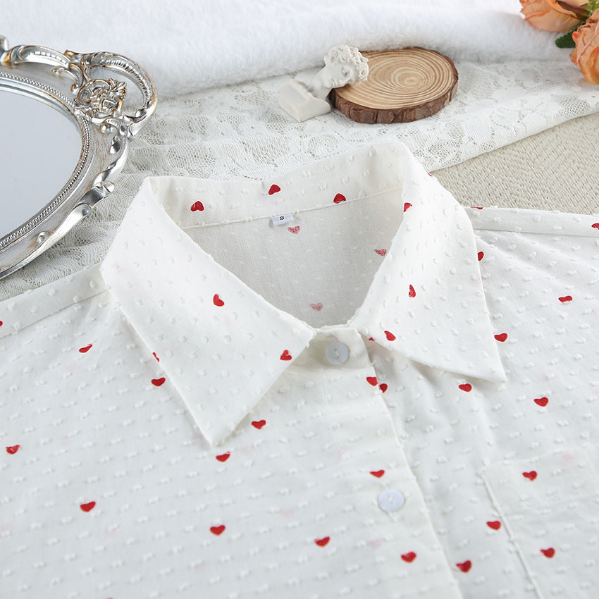 White Cotton Pajama Set with Red Hearts